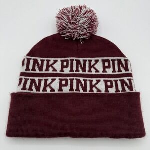 PINK Victoria's Secret Burgundy & White Pom Beanie Knit Winter Hat